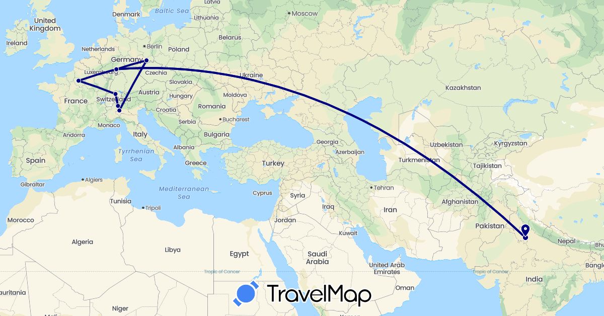 TravelMap itinerary: driving in Switzerland, Germany, France, India, Italy (Asia, Europe)